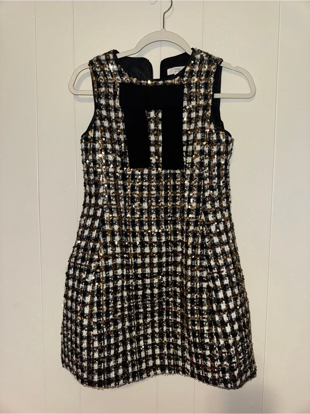 Girls' Black & Gold Tweed Formal Dress with Bow